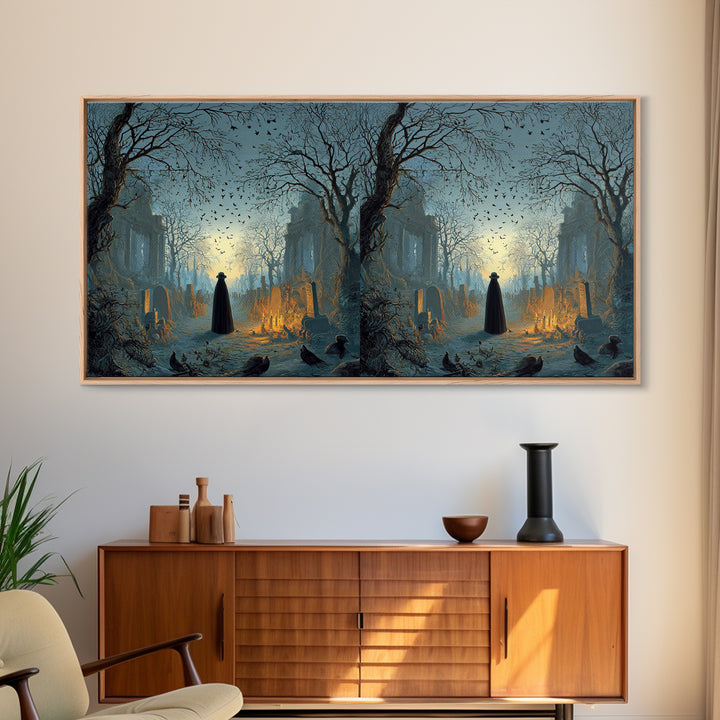 The Haunted Hayride, Romantic Gothic Landscape, Wide Panoramic Art, Dark Fantasy Wall Art, Framed Canvas Print, Halloween Wall Art