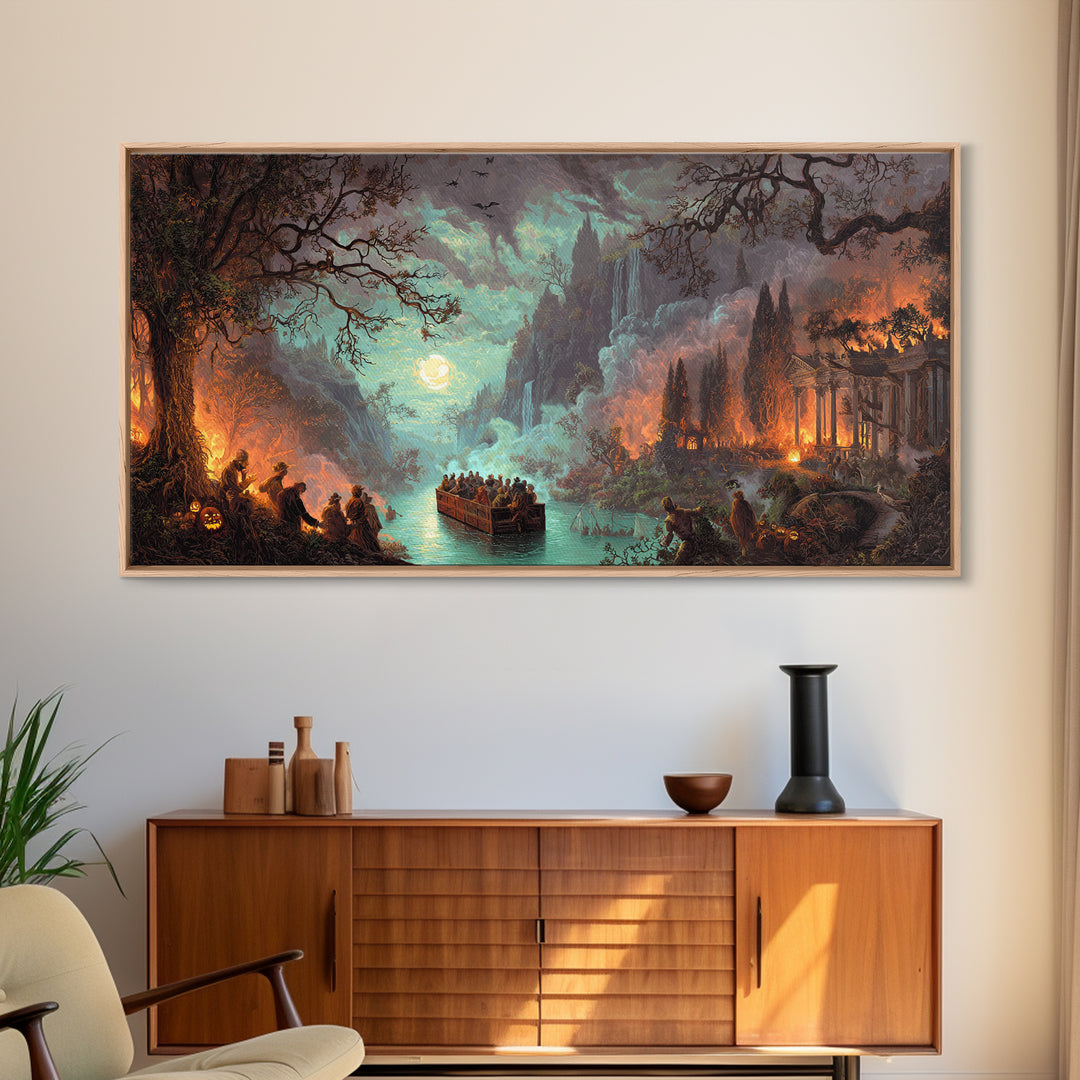 The Haunted Hayride, Apocalyptic Romantic Art, Wide Panoramic Art, Gothic Horror Wall Art, Framed Canvas Print, Halloween Wall Art