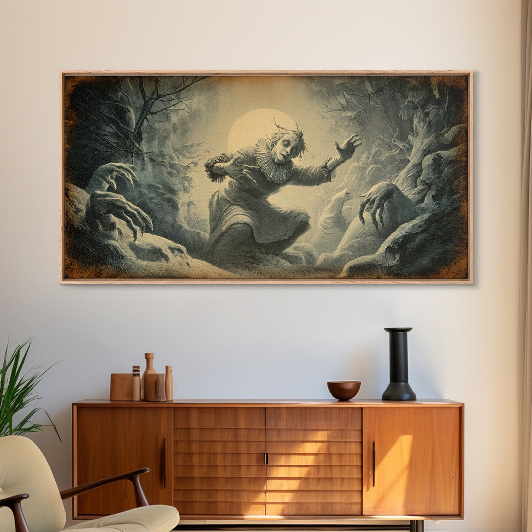 The Haunted Hayride, Expressionist Nightmare Art, Wide Panoramic Art, Macabre Wall Art, Framed Canvas Print, Halloween Wall Art