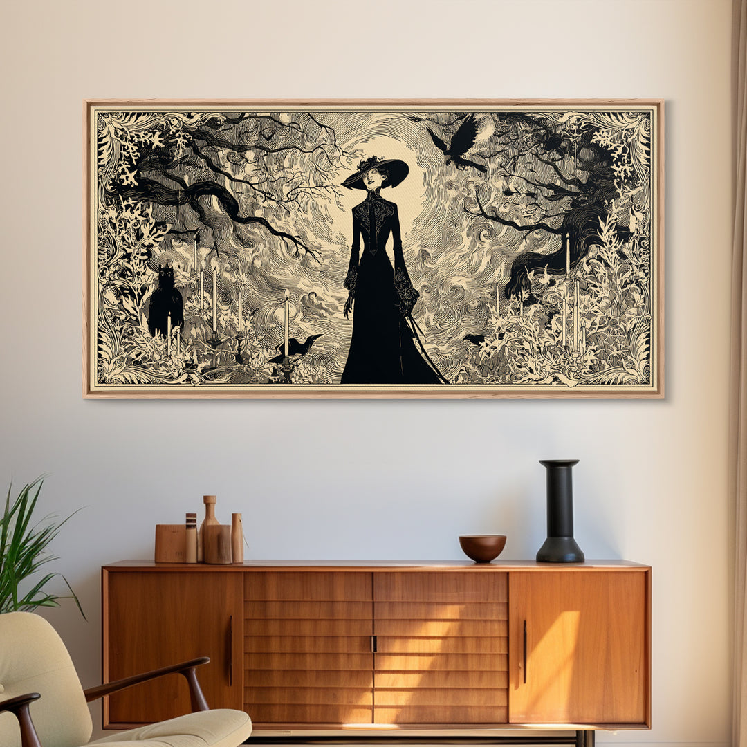 The Haunted Hayride, Decadent Line Art, Wide Panoramic Art, Dark Fantasy Wall Art, Canvas Print, Halloween Wall Art