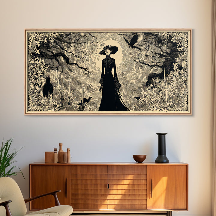 The Haunted Hayride, Decadent Line Art, Wide Panoramic Art, Dark Fantasy Wall Art, Canvas Print, Halloween Wall Art