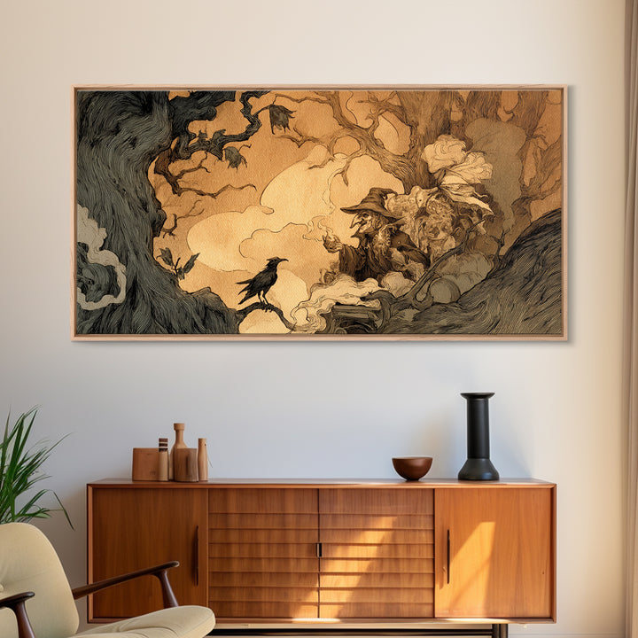 The Haunted Hayride, Gothic Storybook Art, Wide Panoramic Art, Dark Halloween Decor, Framed Canvas Print, Halloween Wall Art