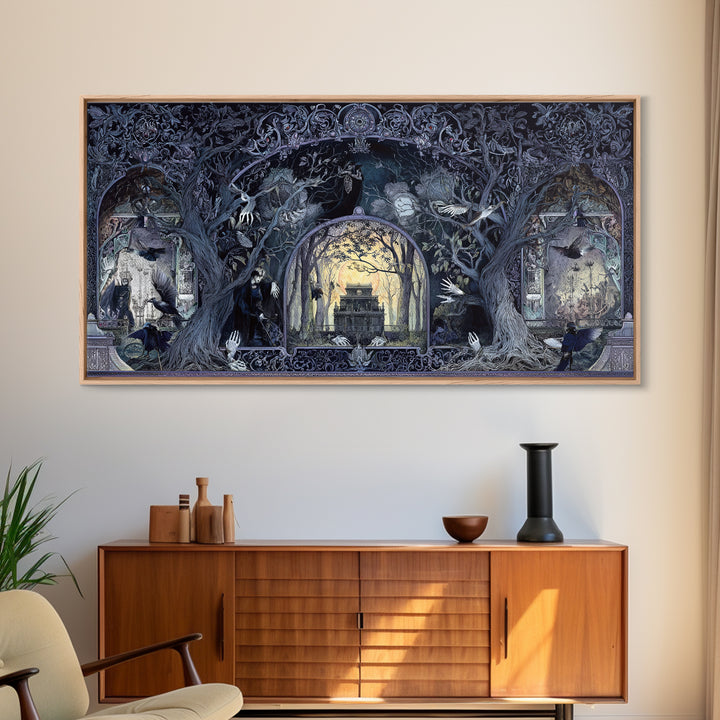 The Haunted Hayride, Stained Glass Gothic Art, Wide Panoramic Art, Gothic Horror Wall Art, Framed Canvas Print, Halloween Wall Art