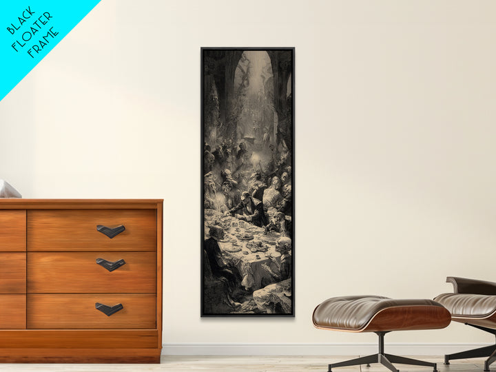 The Zombie Picnic, Gothic Engraving Art, Tall Narrow Wall Art, Dark Halloween Decor, Canvas Print, Halloween Wall Art