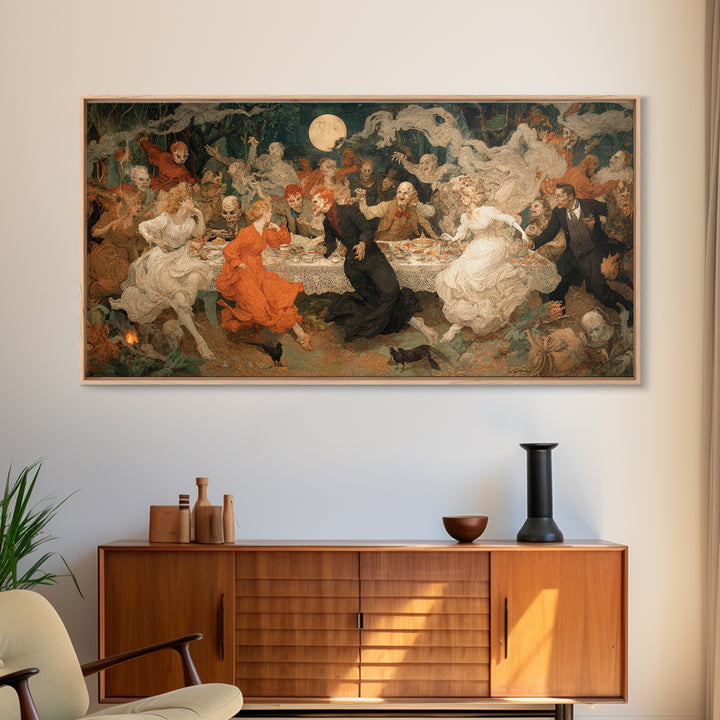 The Zombie Picnic, Northern Renaissance Horror, Wide Panoramic Art, Dark Fantasy Wall Art, Framed Canvas Print, Halloween Wall Art