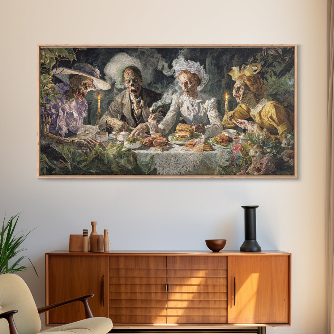 The Zombie Picnic, Dark Renaissance Art, Wide Panoramic Art, Dark Fantasy Wall Art, Framed Canvas Print, Halloween Wall Art