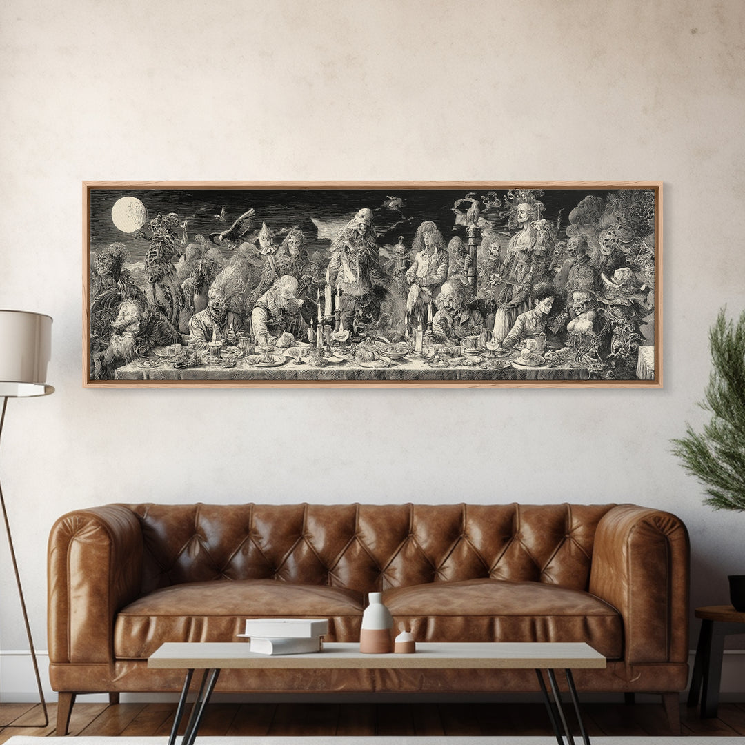 The Zombie Picnic, Renaissance Engraving Art, Extra Wide Wall Art, Dark Halloween Decor, Framed Canvas Print, Halloween Wall Art