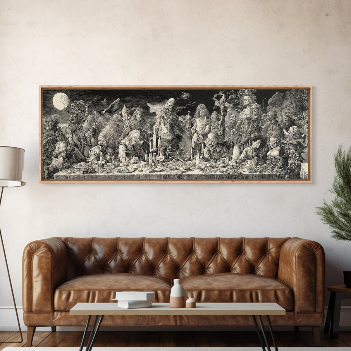 The Zombie Picnic, Renaissance Engraving Art, Extra Wide Wall Art, Dark Halloween Decor, Framed Canvas Print, Halloween Wall Art