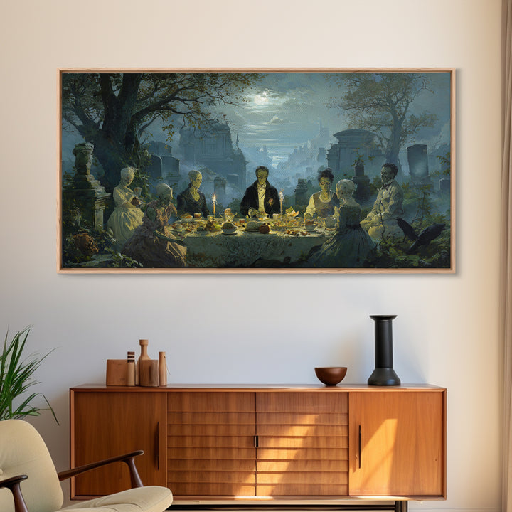 The Zombie Picnic, Romantic Gothic Landscape, Wide Panoramic Art, Dark Halloween Decor, Canvas Print, Halloween Wall Art