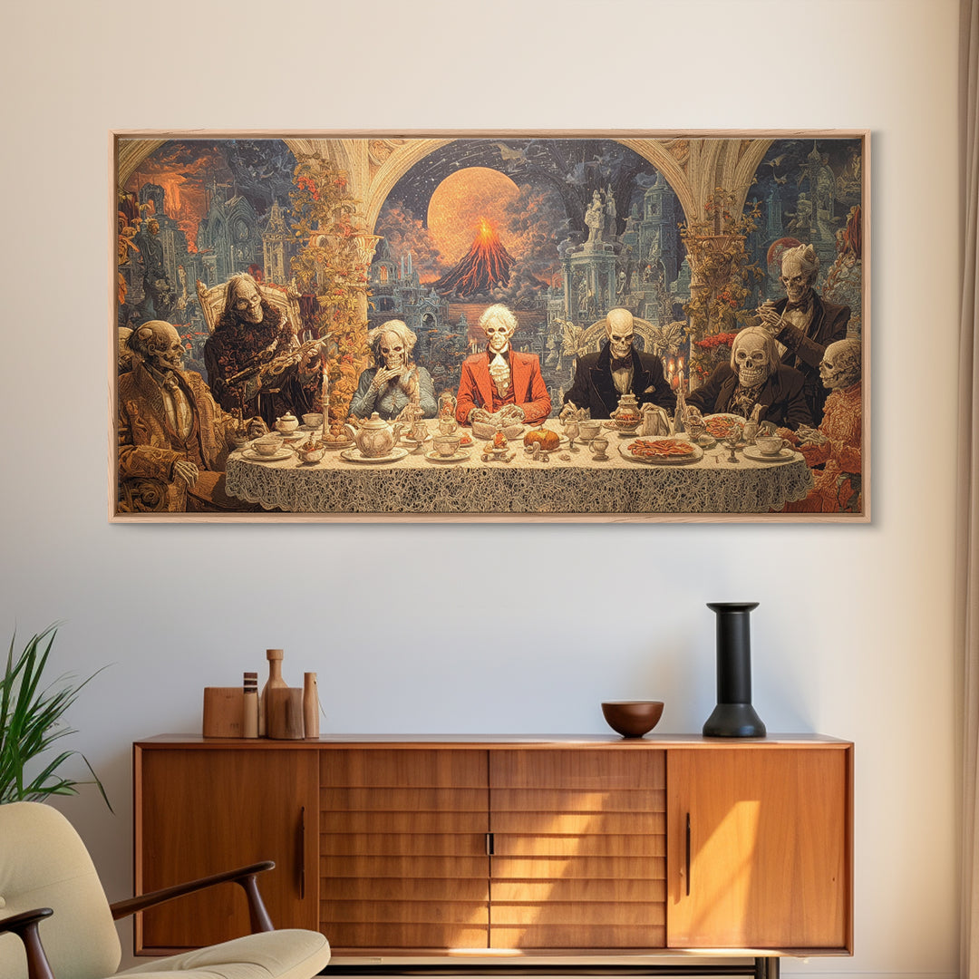 The Zombie Picnic, Apocalyptic Romantic Art, Wide Panoramic Art, Macabre Wall Art, Framed Canvas Print, Halloween Wall Art, Halloween Decor