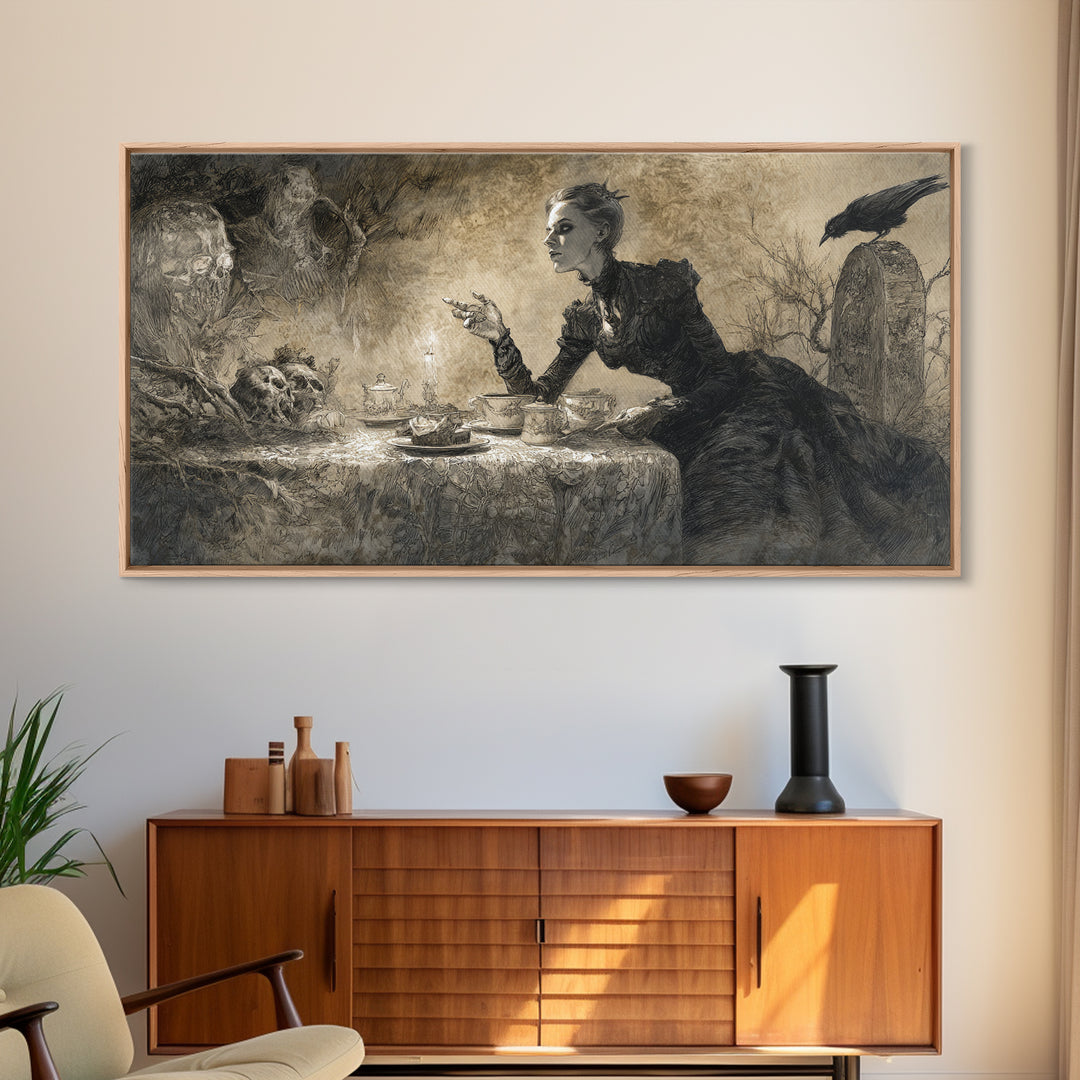 The Zombie Picnic, Symbolist Dream Art, Wide Panoramic Art, Macabre Wall Art, Framed Canvas Print, Halloween Wall Art