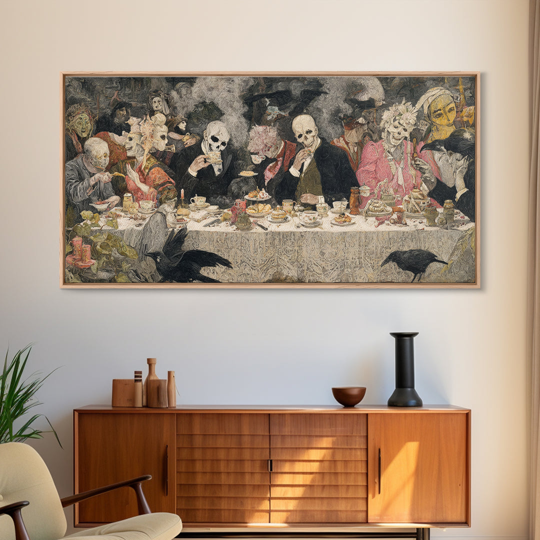 The Zombie Picnic, Grotesque Carnival Art, Wide Panoramic Art, Dark Fantasy Wall Art, Framed Canvas Print, Halloween Wall Art