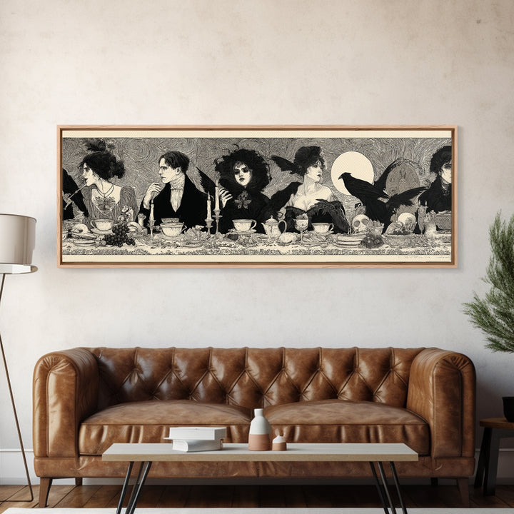 The Zombie Picnic, Decadent Line Art, Extra Wide Wall Art, Dark Halloween Decor, Framed Canvas Print, Halloween Wall Art
