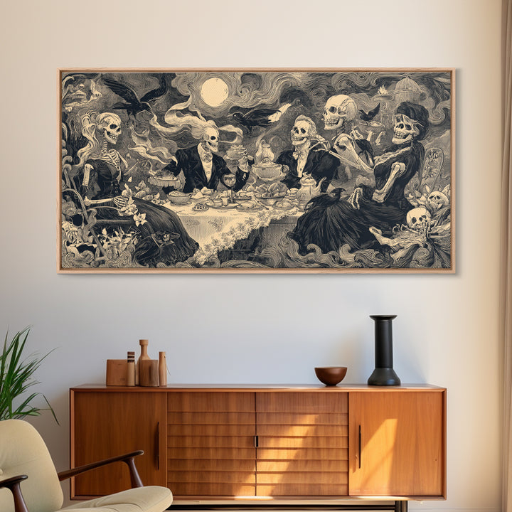 The Zombie Picnic, Macabre Folk Print Art, Wide Panoramic Art, Macabre Wall Art, Framed Canvas Print, Halloween Wall Art
