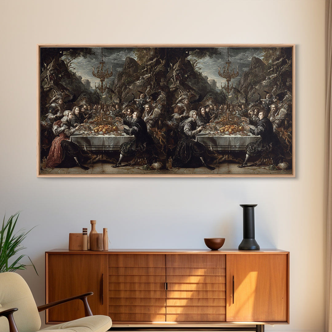 The Vampire Banquet, Baroque Witchcraft Art, Wide Panoramic Art, Dark Fantasy Wall Art, Framed Canvas Print, Halloween Wall Art