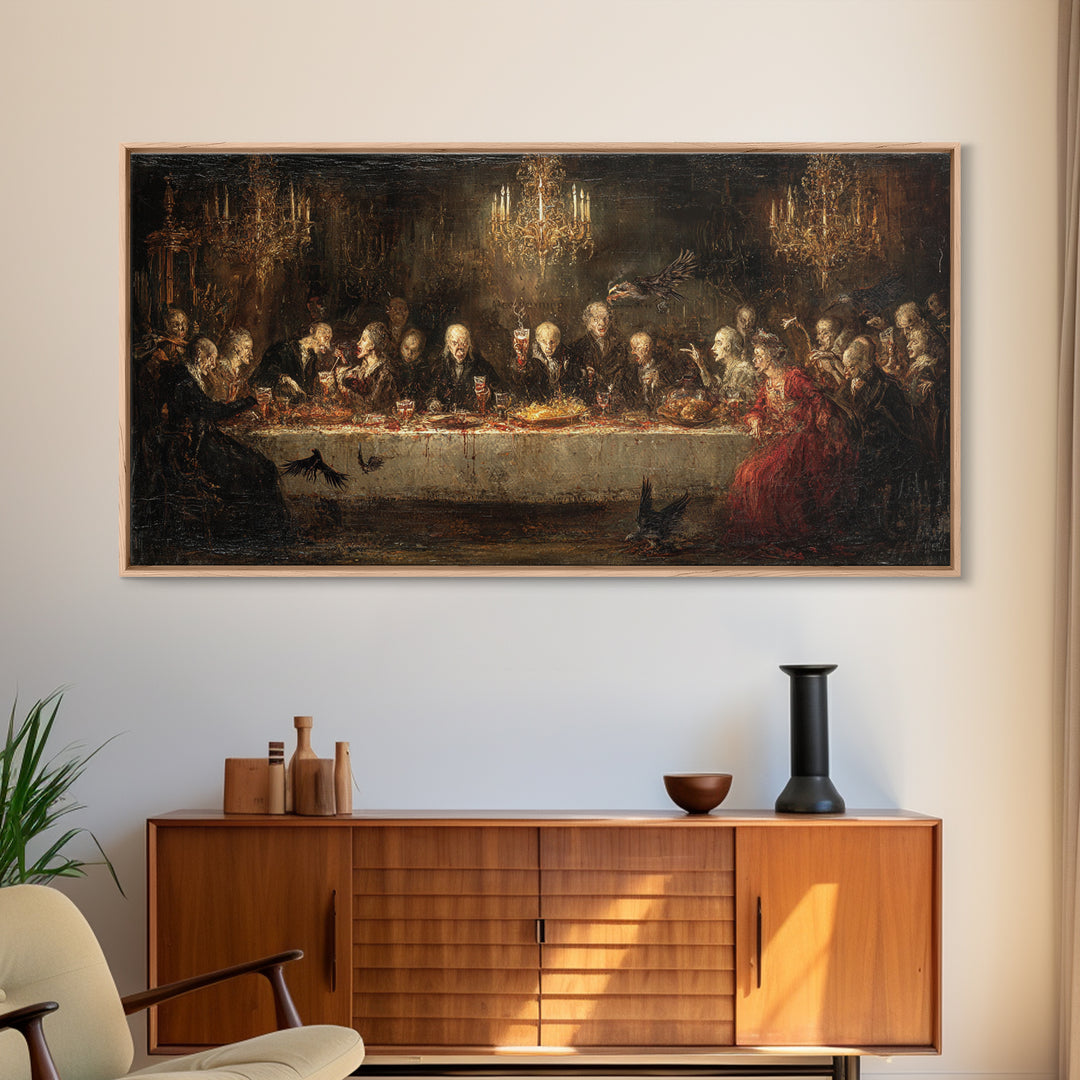 The Vampire Banquet, Dark Romantic Horror Art, Wide Panoramic Art, Dark Halloween Decor, Framed Canvas Print, Halloween Wall Art