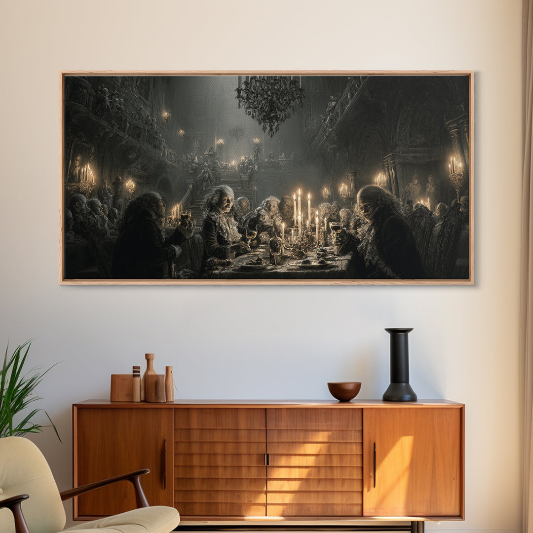The Vampire Banquet, Architectural Etching Art, Wide Panoramic Art, Gothic Horror Wall Art, Canvas Print, Halloween Wall Art
