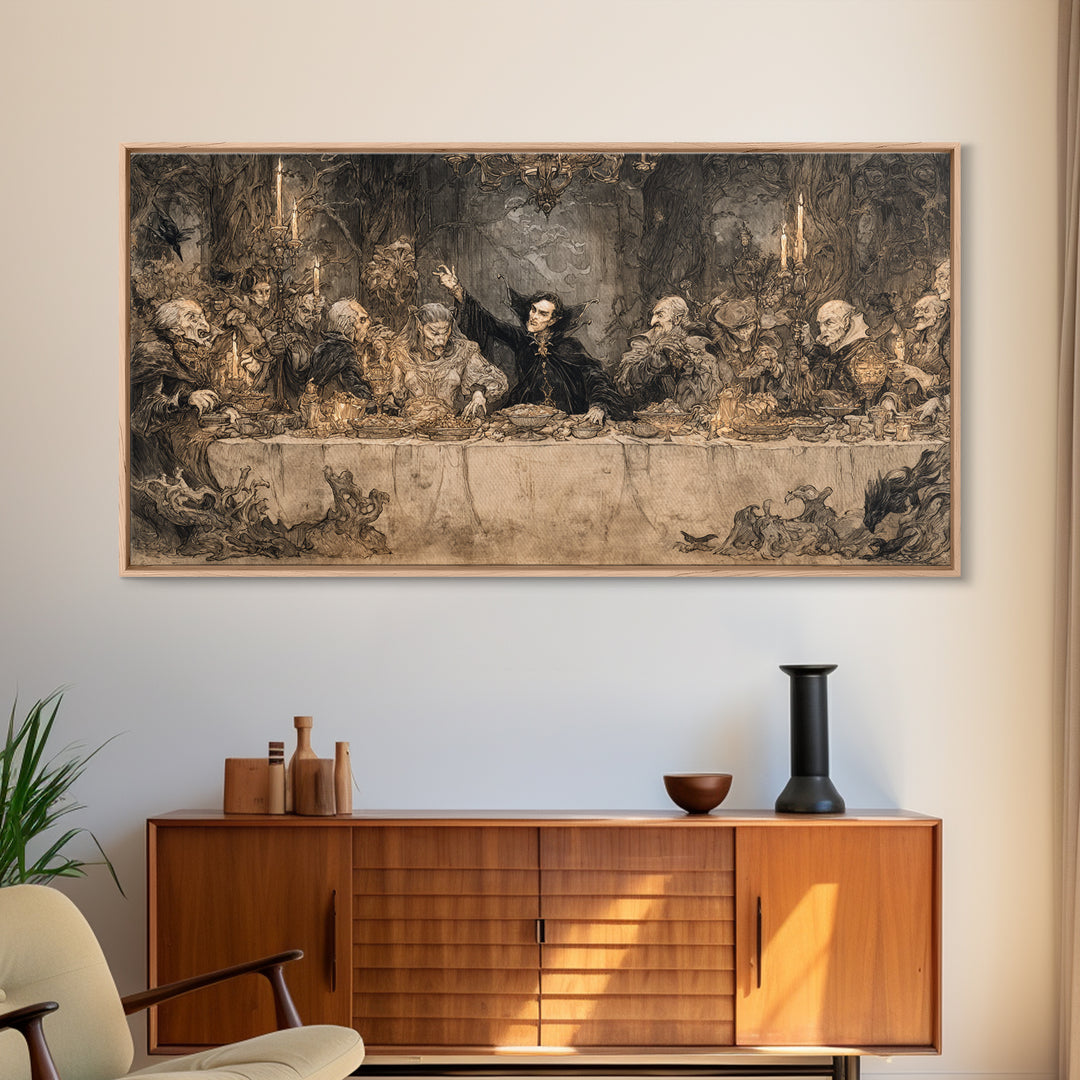The Vampire Banquet, Gothic Storybook Art, Wide Panoramic Art, Dark Fantasy Wall Art, Canvas Print, Halloween Wall Art