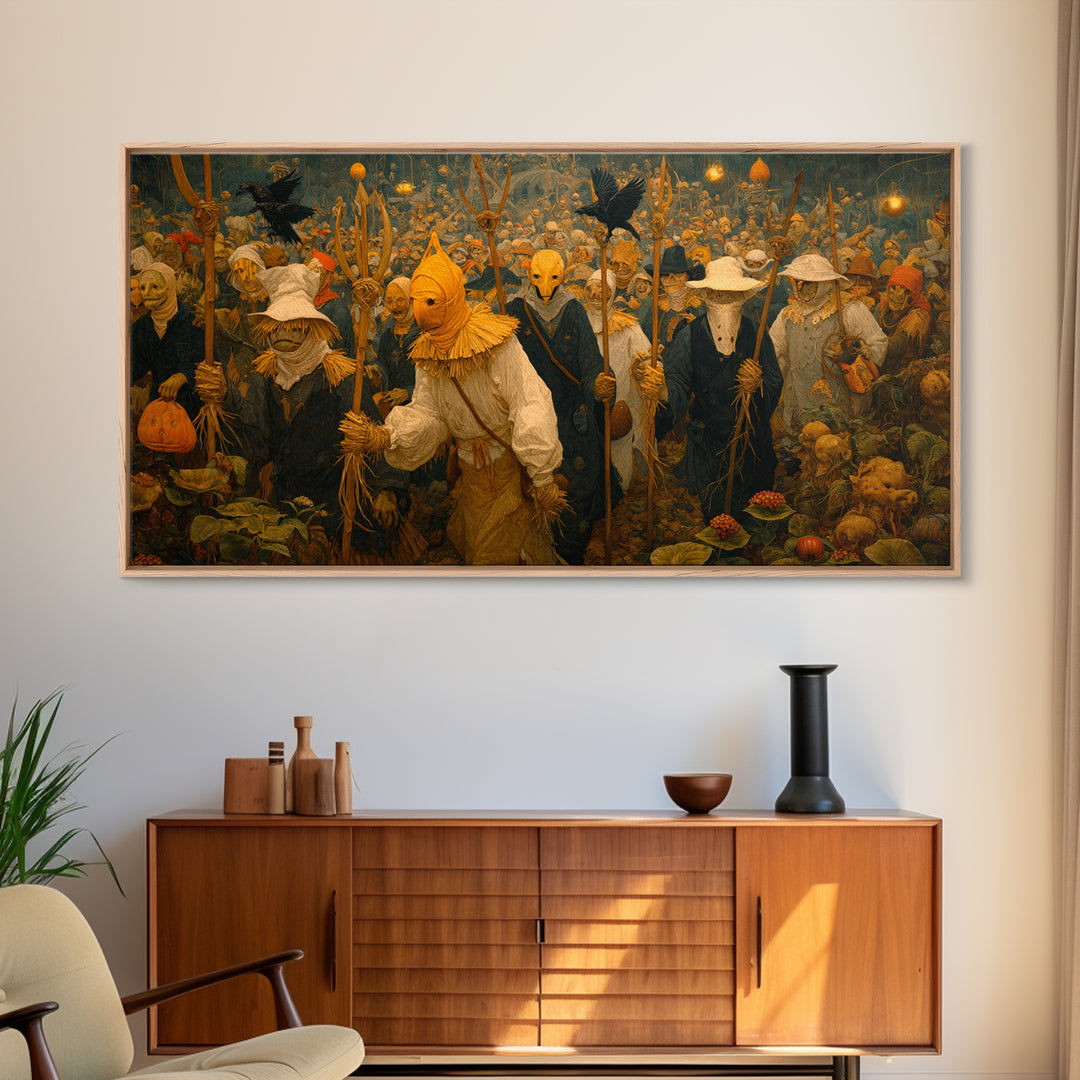 The Scarecrow Uprising, Medieval Grotesque Art, Wide Panoramic Art, Macabre Wall Art, Framed Canvas Print, Halloween Wall Art