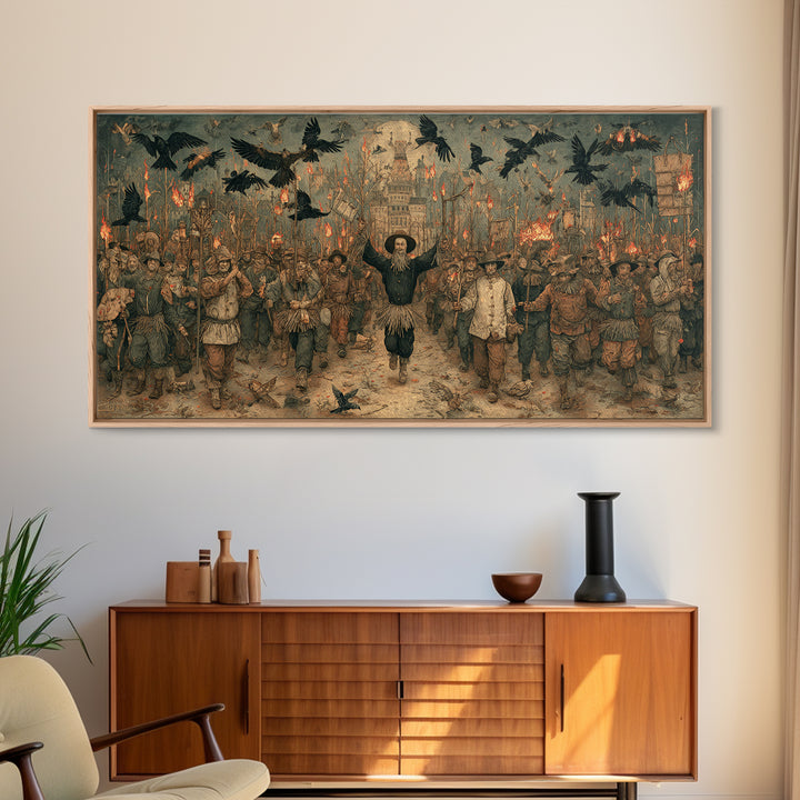 The Scarecrow Uprising, Northern Renaissance Horror, Wide Panoramic Art, Macabre Wall Art, Framed Canvas Print, Halloween Wall Art