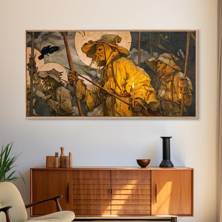 The Scarecrow Uprising, Dark Renaissance Art, Wide Panoramic Art, Dark Halloween Decor, Framed Canvas Print, Halloween Wall Art