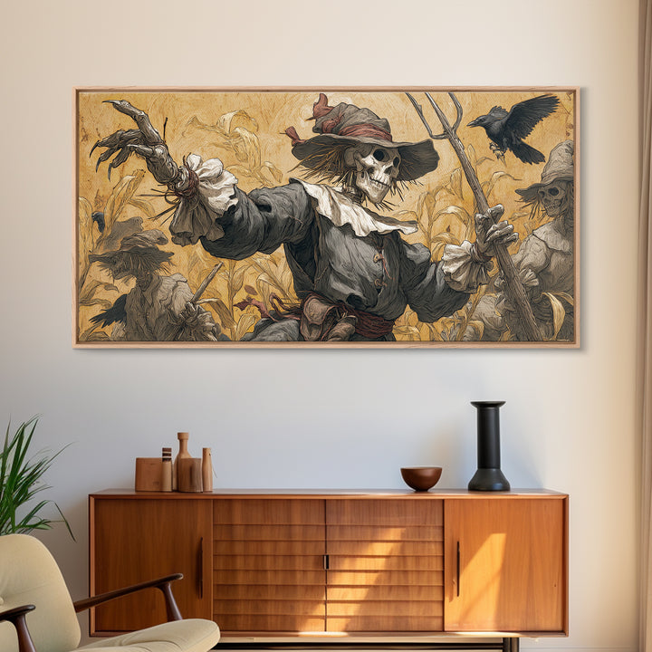 The Scarecrow Uprising, Danse Macabre Art, Wide Panoramic Art, Macabre Wall Art, Framed Canvas Print, Halloween Wall Art