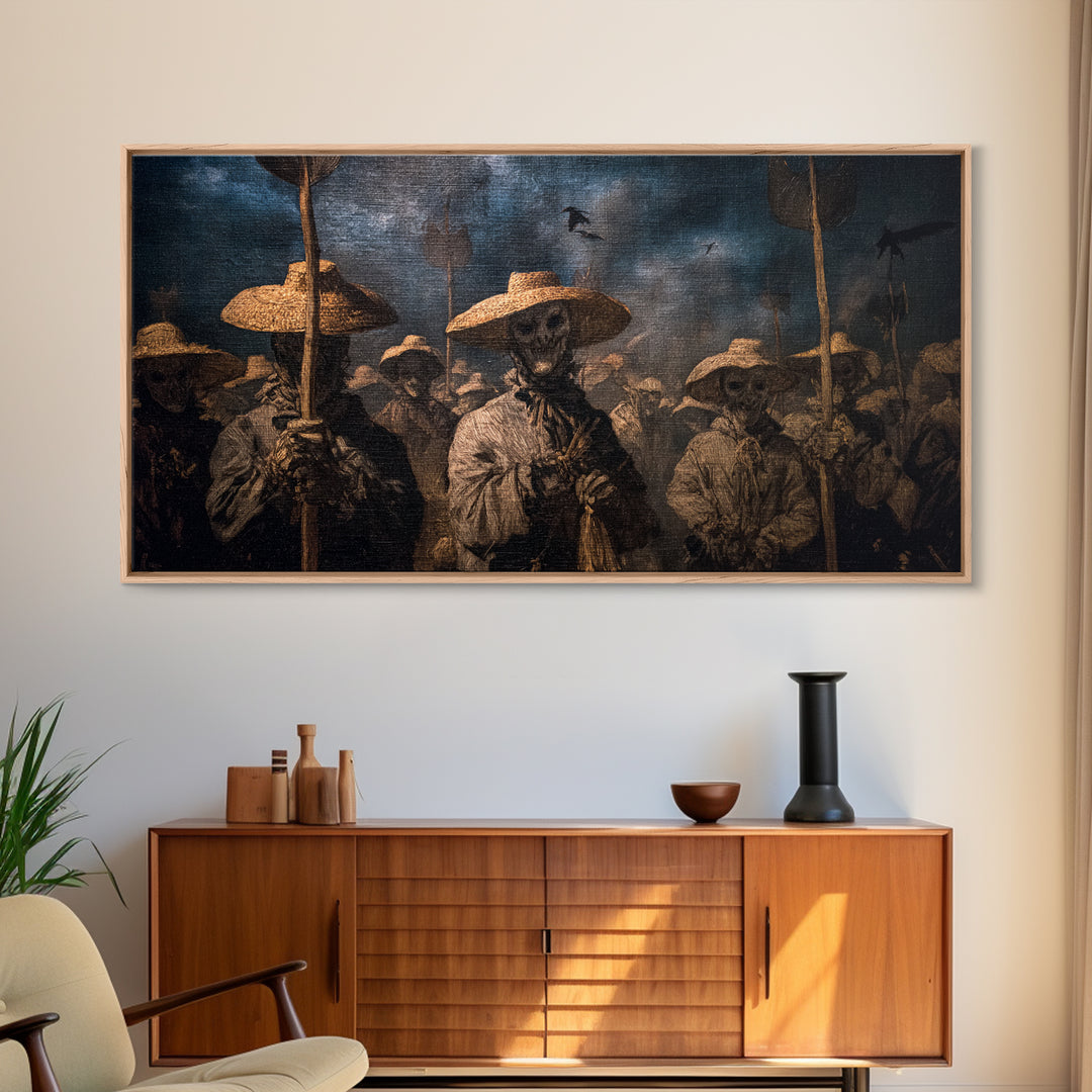 The Scarecrow Uprising, Dark Romantic Horror Art, Wide Panoramic Art, Macabre Wall Art, Framed Canvas Print, Halloween Wall Art