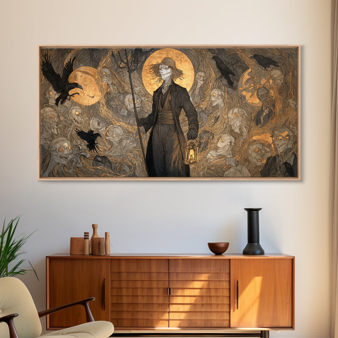 The Scarecrow Uprising, Gothic Nightmare Art, Wide Panoramic Art, Dark Halloween Decor, Framed Canvas Print, Halloween Wall Art