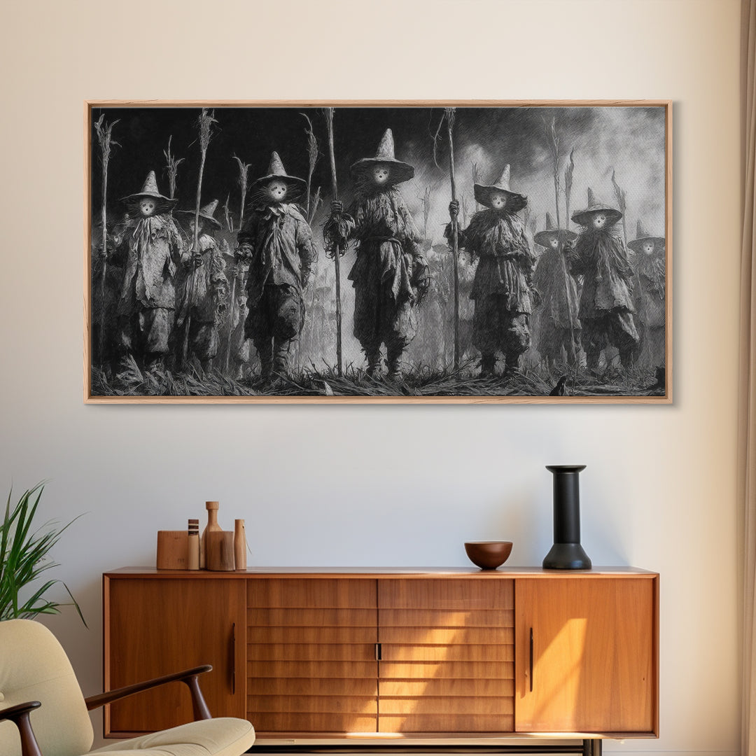 The Scarecrow Uprising, Symbolist Dream Art, Wide Panoramic Art, Dark Fantasy Wall Art, Framed Canvas Print, Halloween Wall Art