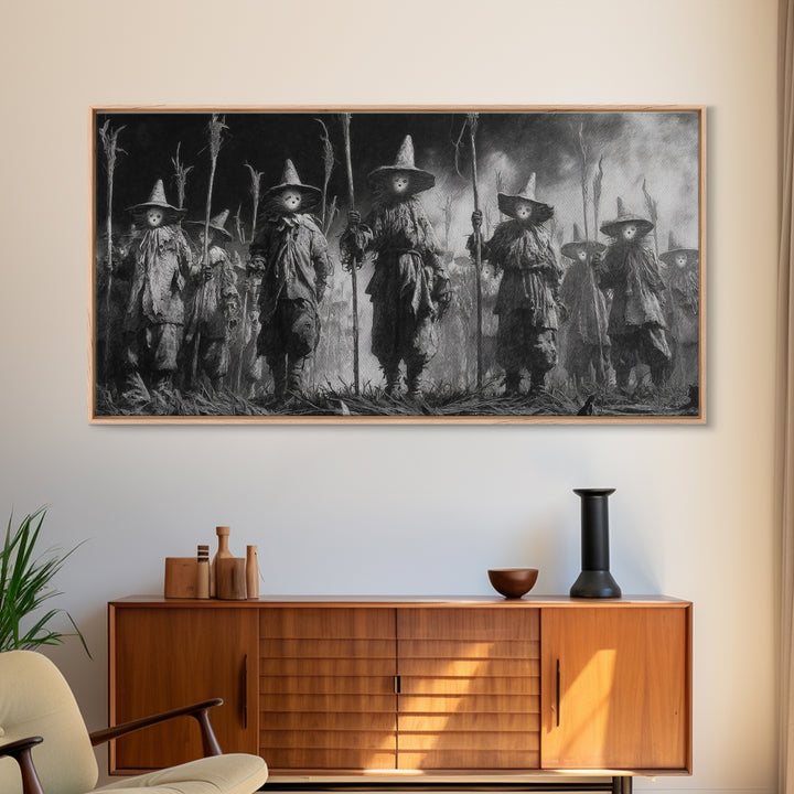 The Scarecrow Uprising, Symbolist Dream Art, Wide Panoramic Art, Dark Fantasy Wall Art, Framed Canvas Print, Halloween Wall Art