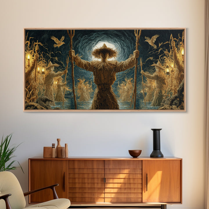 The Scarecrow Uprising, Symbolist Gothic Landscape, Wide Panoramic Art, Macabre Wall Art, Framed Canvas Print, Halloween Wall Art