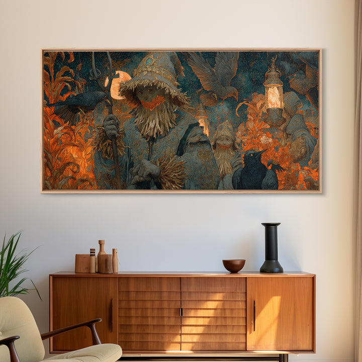 The Scarecrow Uprising, Ornate Symbolist Art, Wide Panoramic Art, Gothic Horror Wall Art, Framed Canvas Print, Halloween Wall Art