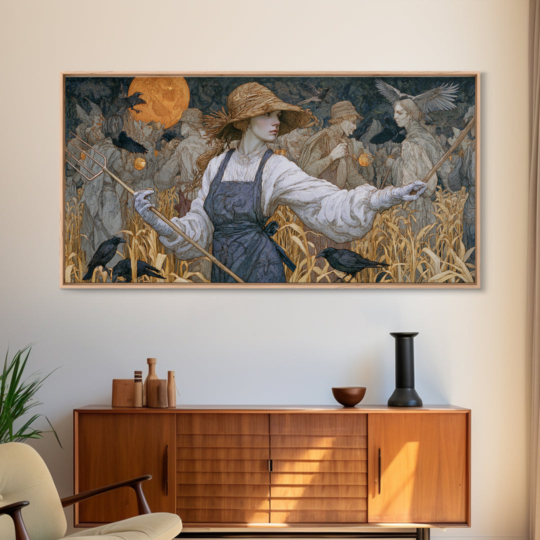 The Scarecrow Uprising, Symbolist Death Art, Wide Panoramic Art, Macabre Wall Art, Framed Canvas Print, Halloween Wall Art