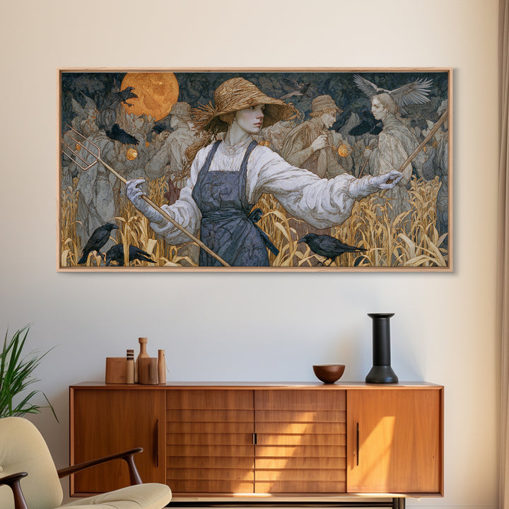 The Scarecrow Uprising, Symbolist Death Art, Wide Panoramic Art, Macabre Wall Art, Framed Canvas Print, Halloween Wall Art