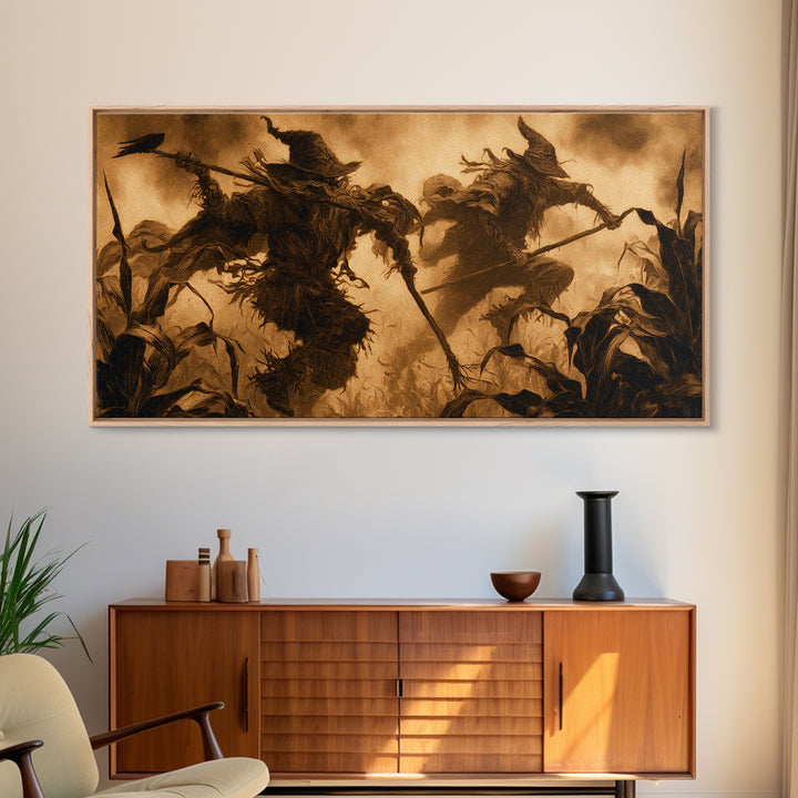 The Scarecrow Uprising, Dark Symbolist Art, Wide Panoramic Art, Macabre Wall Art, Framed Canvas Print, Halloween Wall Art