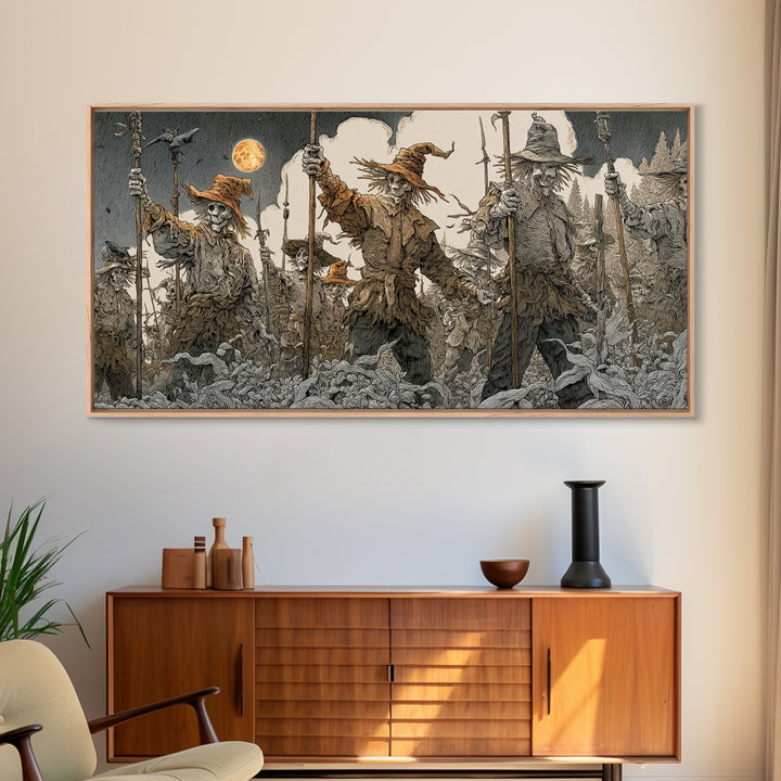 The Scarecrow Uprising, Symbolist Etching Art, Wide Panoramic Art, Macabre Wall Art, Canvas Print, Halloween Wall Art, Statement Wall Art