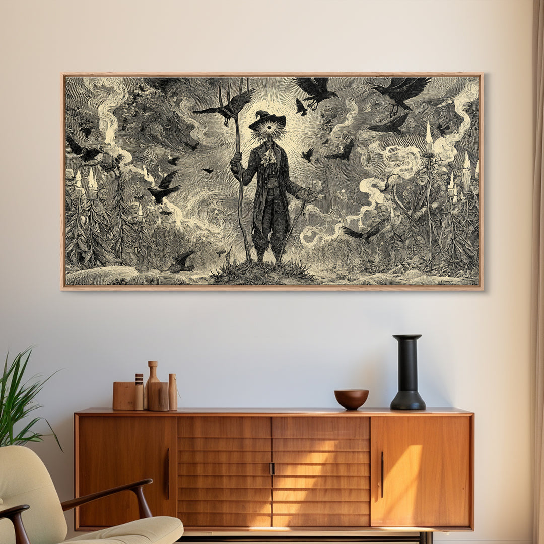 The Scarecrow Uprising, Expressionist Nightmare Art, Wide Panoramic Art, Dark Halloween Decor, Canvas Print, Halloween Wall Art