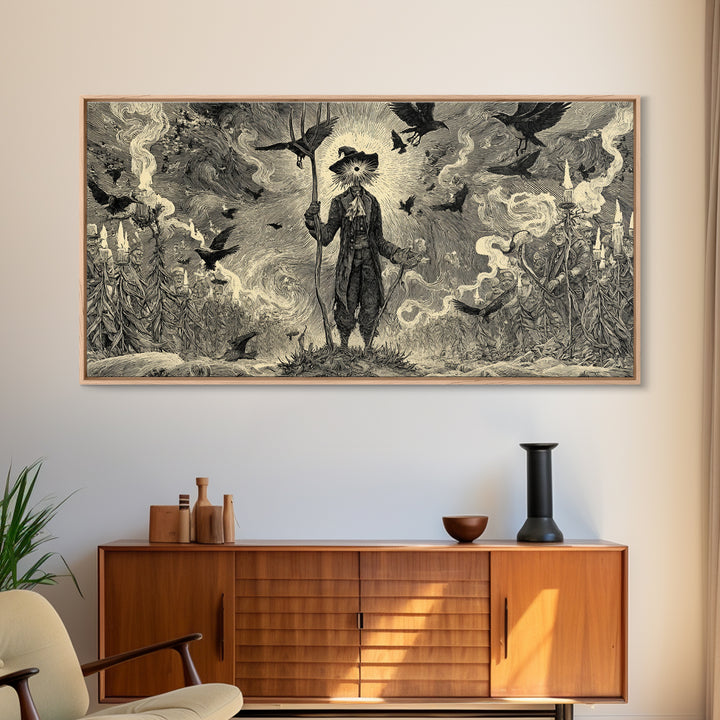 The Scarecrow Uprising, Expressionist Nightmare Art, Wide Panoramic Art, Dark Halloween Decor, Canvas Print, Halloween Wall Art