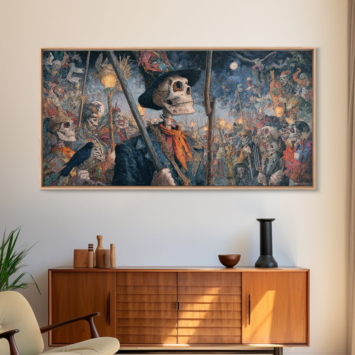 The Scarecrow Uprising, Grotesque Carnival Art, Wide Panoramic Art, Dark Halloween Decor, Framed Canvas Print, Halloween Wall Art