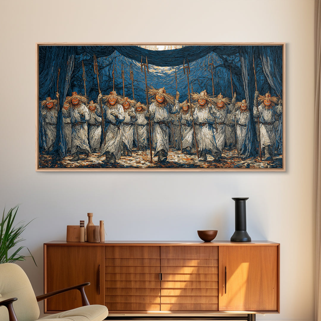 The Scarecrow Uprising, Expressionist Gothic Art, Wide Panoramic Art, Macabre Wall Art, Framed Canvas Print, Halloween Wall Art