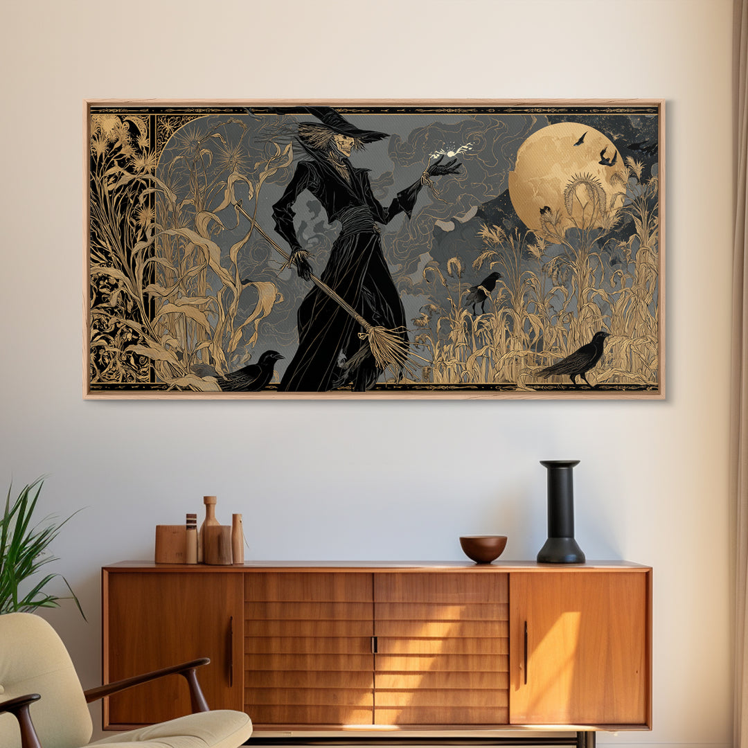 The Scarecrow Uprising, Decadent Line Art, Wide Panoramic Art, Dark Halloween Decor, Framed Canvas Print, Halloween Wall Art
