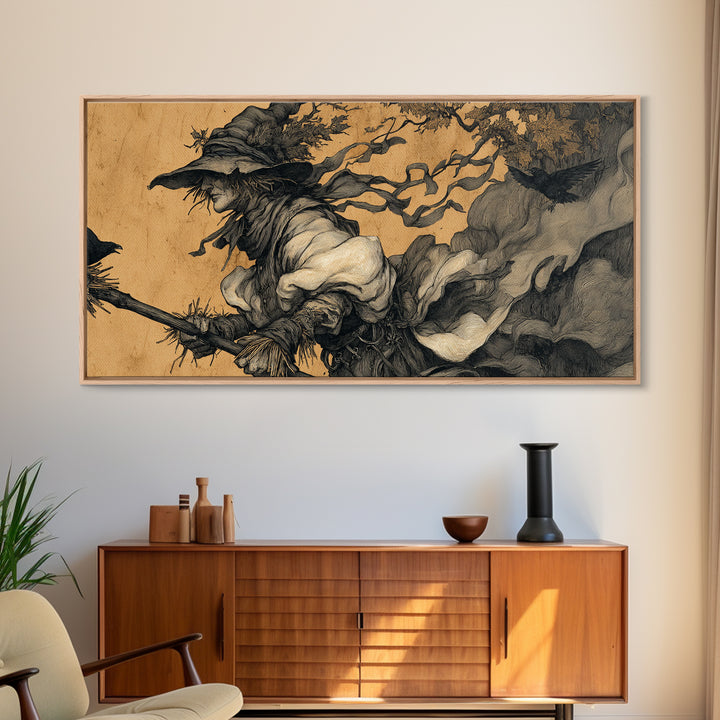 The Scarecrow Uprising, Gothic Storybook Art, Wide Panoramic Art, Dark Halloween Decor, Framed Canvas Print, Halloween Wall Art