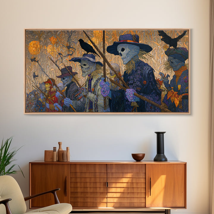 The Scarecrow Uprising, Stained Glass Gothic Art, Wide Panoramic Art, Dark Halloween Decor, Canvas Print, Halloween Wall Art