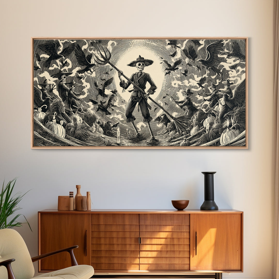The Scarecrow Uprising, Macabre Folk Print Art, Wide Panoramic Art, Dark Fantasy Wall Art, Canvas Print, Halloween Wall Art