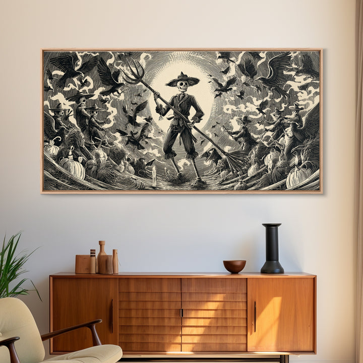 The Scarecrow Uprising, Macabre Folk Print Art, Wide Panoramic Art, Dark Fantasy Wall Art, Canvas Print, Halloween Wall Art