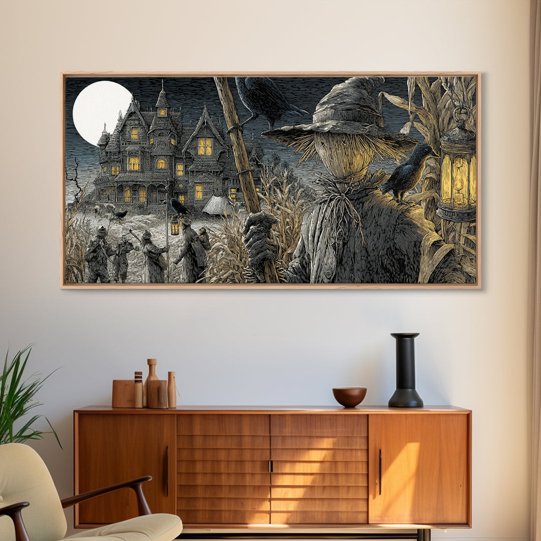 The Scarecrow Uprising, Victorian Macabre Art, Wide Panoramic Art, Macabre Wall Art, Framed Canvas Print, Halloween Wall Art
