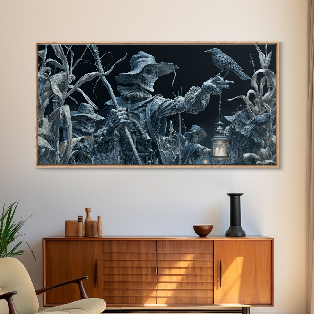 The Scarecrow Uprising, Biomechanical Horror Art, Wide Panoramic Art, Macabre Wall Art, Framed Canvas Print, Halloween Wall Art