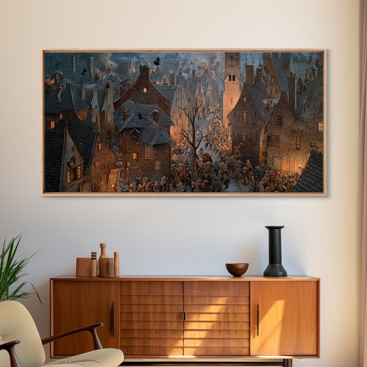 The Thirteenth Bell, Northern Renaissance Horror, Wide Panoramic Art, Dark Halloween Decor, Framed Canvas Print