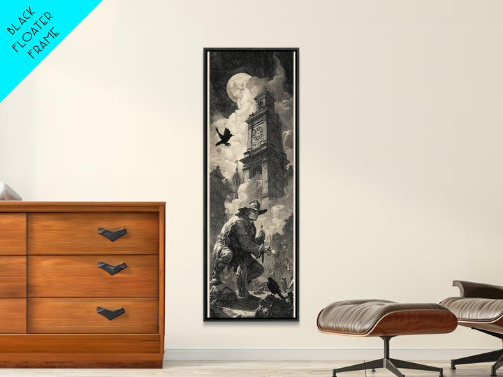 The Thirteenth Bell, Architectural Etching Art, Tall Narrow Wall Art, Gothic Horror Wall Art, Framed Canvas Print