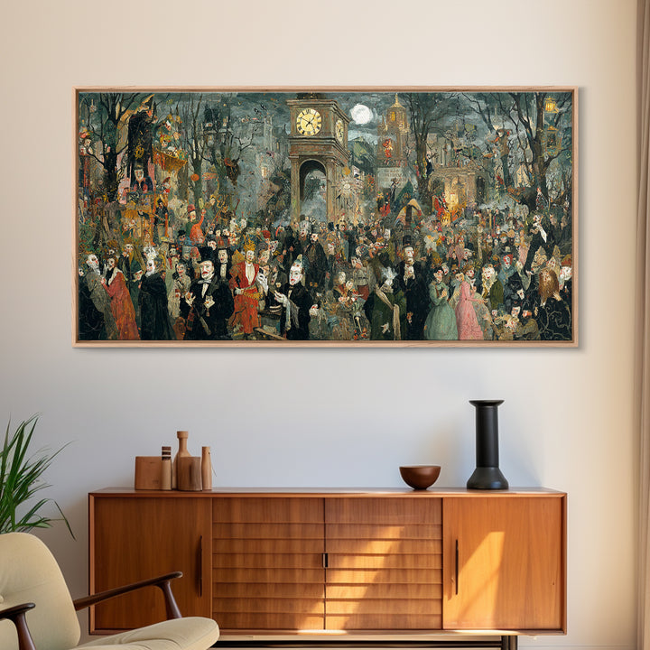 The Thirteenth Bell, Grotesque Carnival Art, Wide Panoramic Art, Dark Fantasy Wall Art, Framed Canvas Print, Halloween Wall Art